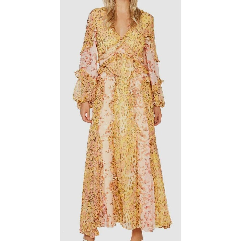 NWOT Bardot Long Sleeve Mixed Floral & Leopard Blend Print Maxi Dress Women's M